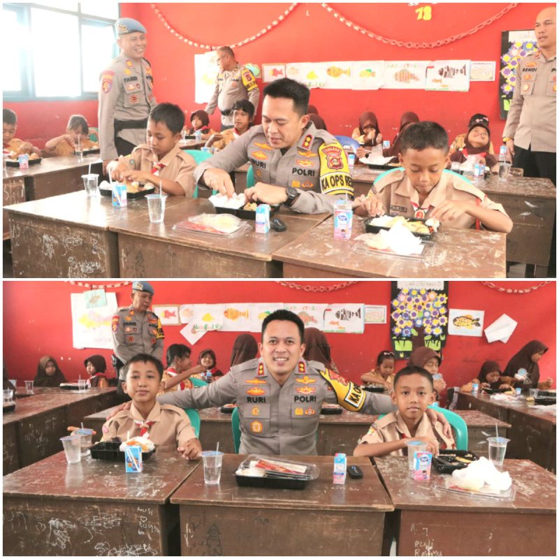 KEBERSAMAAN KAPOLRES BANYUASIN MAKAN BERSAMA SISWA SDN.13 AIR KUMBANG DALAM RANGKA PROGAM MAKAN BERGIZI